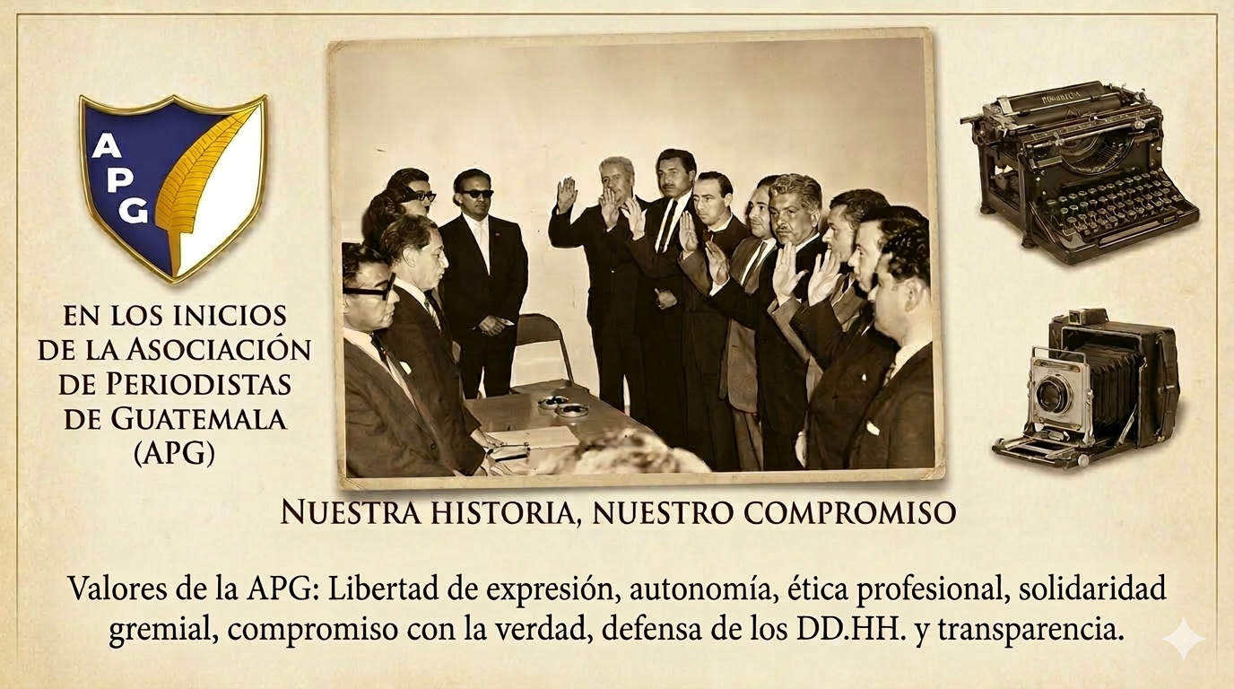 Ilustración histórica conmemorativa. Imagen recreada digitalmente a partir de la fotografía original de la fundación de la APG. Los rostros son representaciones ilustrativas de los fundadores reales con el fin de contextualizar los valores de la asociación.