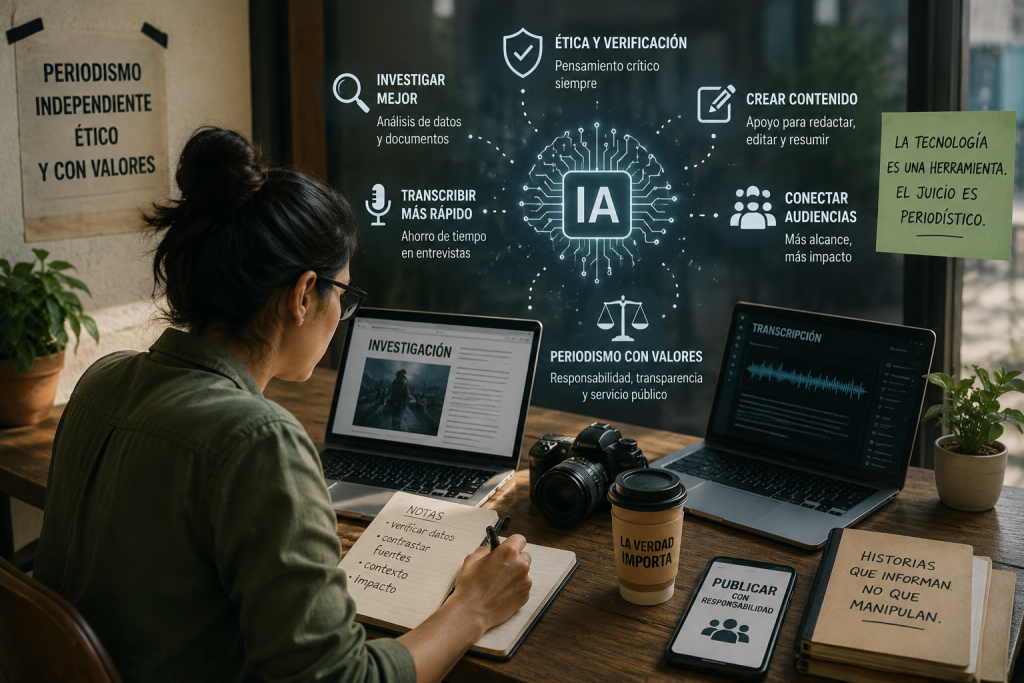 Periodistas independientes encuentran en las herramientas de inteligencia artificial un apoyo para investigación, transcripción y producción digital; expertos recomiendan utilizarlas con pensamiento crítico, ética y verificación de la información. Imagen creada con IA para fines ilustrativos.