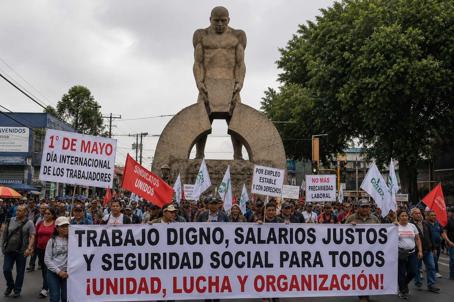 Trabajadores conmemoran el 1 de mayo frente al Monumento al Trabajo de la zona 5 capitalina, conocido como “El Muñecón”, símbolo histórico de la lucha obrera en Guatemala. Imagen creada con IA con fines ilustrativos.